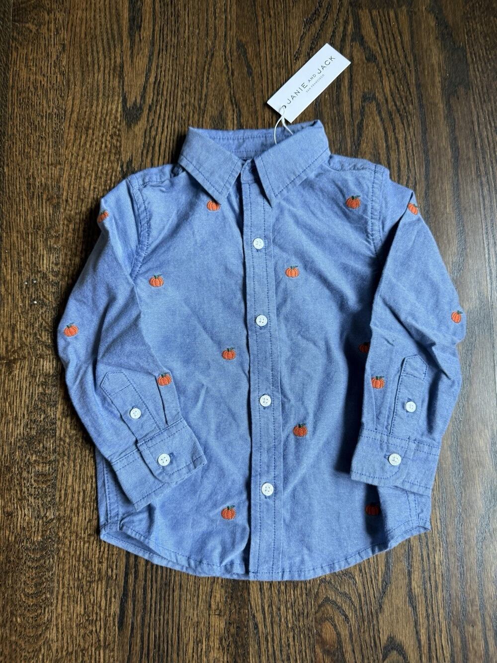 Janie And Jack Pumpkin Embroidered Oxford Shirt Blue Orange 18 To 24 New